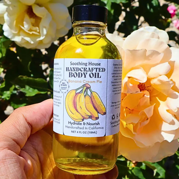 Handcrafted Banana Cream Pie Body Oil Skin Moisturizer Skincare for Glistening Silky Smooth Skin 4 Oz with Jojoba Oil, Coconut Oil, Avocado Oil, Sweet Almond Oil, Soothing House