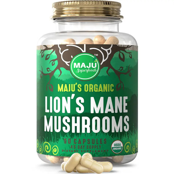 MAJU Organic Lions Mane Mushroom Capsules (90Ct) - Fruiting Bodies Steam Extract, Organic Mushrooms W/Black Pepper Extract, Hericium Erinaceus